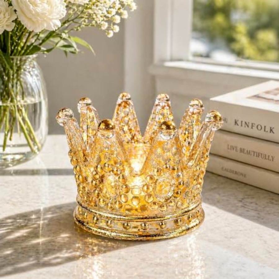 Home Decor Gold - Luxury crown glass candle holder for