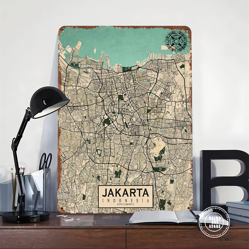 Jakarta City Map Vintage Metal - Home Decor Jakarta 리뷰 및 가격